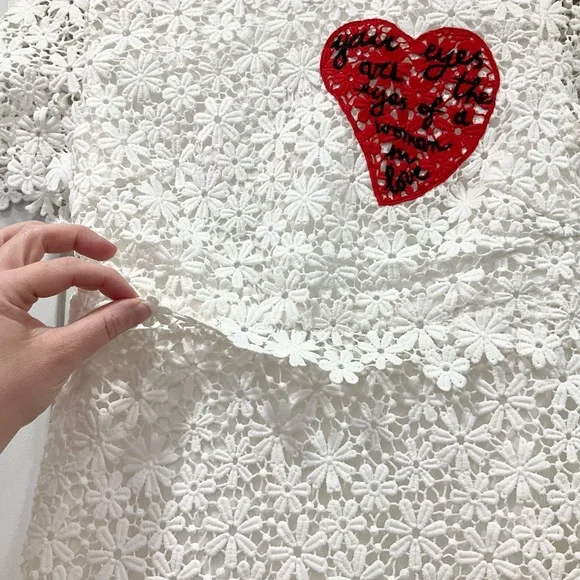 White Lace Mini Dress with Embroidered Heart Detail Crochet Boho Bride W… - Picture 10 of 15